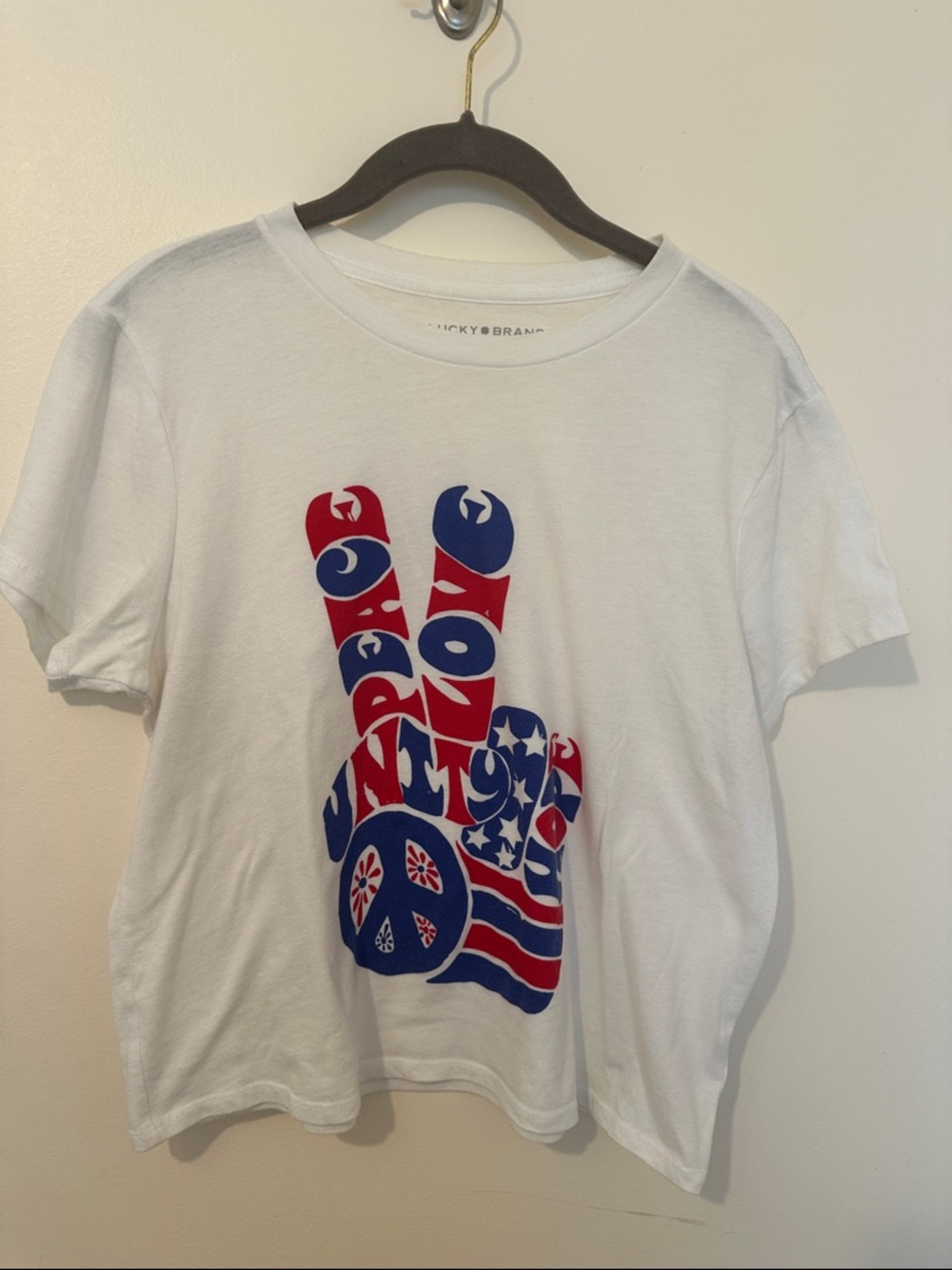 Lucky Brand Patriotic Graphic Peace Sign Crop Tee - White with Red & Blue Print